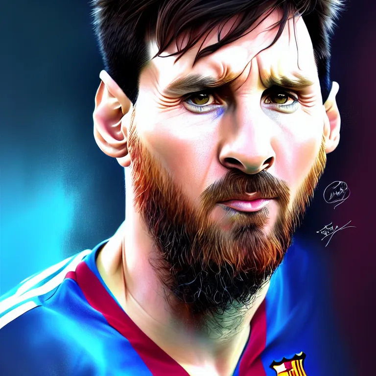 Image similar to lionel messi portrait, made by stanley artgerm lau, wlop, rossdraws, james jean, andrei riabovitchev, marc simonetti, yoshitaka amano, artstation, cgsociety