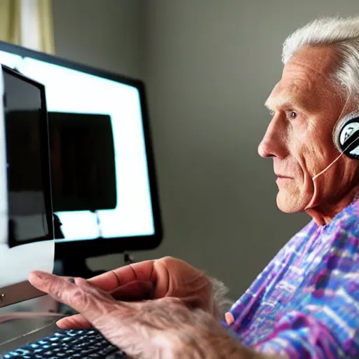 Image similar to A colored colorized real screenshot of Jerma985 as an elderly guy streaming on his computer while wearing headphones, taken in the early 2020s, taken on a 2010s Camera, realistic, hyperrealistic, very realistic, very very realistic, highly detailed, very detailed, extremely detailed, detailed, digital art, trending on artstation, headshot and bodyshot, detailed face, very detailed face, very detailed face, real, real world, in real life, realism, HD Quality, 8k resolution, intricate details, colorized photograph, colorized photon, body and headshot, body and head in view