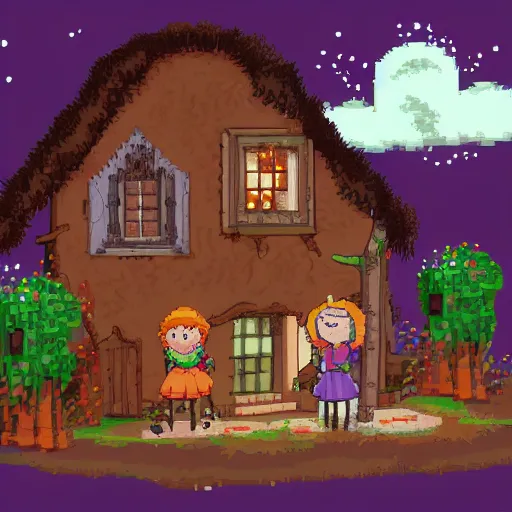 Image similar to Hansel and Gretel meet the witch at the gingerbread house, pixel art, artstation