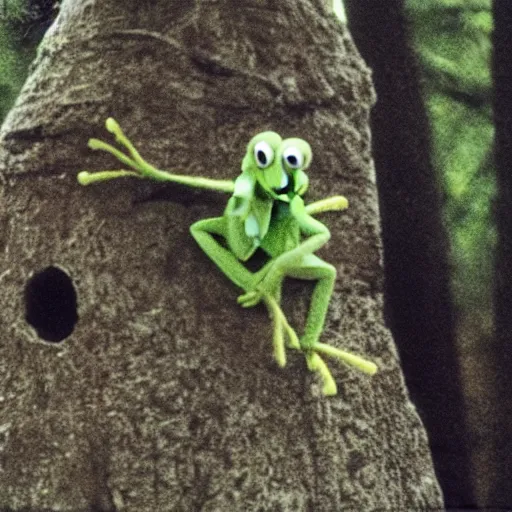 Image similar to a still of kermit the frog in the blair witch project