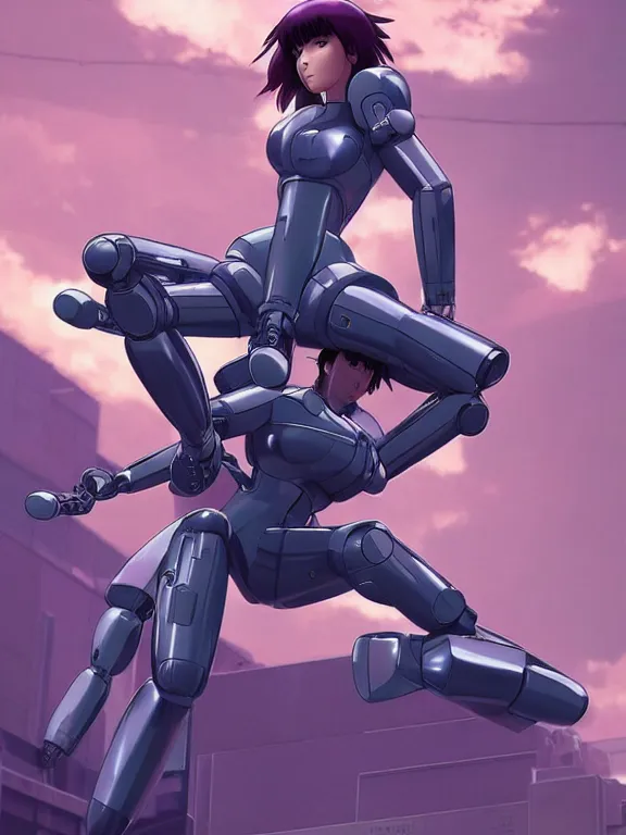 Image similar to a fullbody action still of motoko kusanagi riding on top of a tachikoma, the major ghost in the shell : : stand alone complex, under repairs, maintenance : : by ilya kuvshinov, rossdraws, artgerm, sola digital arts, anti aliasing, raytracing : :