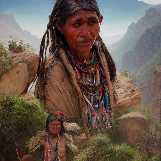 Image similar to splash painting, of tarahumara men and women from the mountains of northern mexico, greg rutkowski, hyperrealist, cinema 4 d, psychedelic, digital art