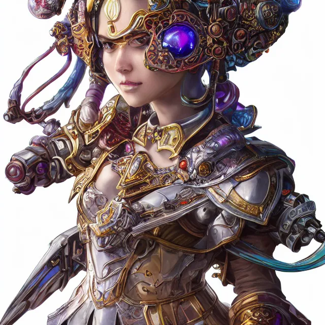 Image similar to studio portrait of lawful good colorful female holy mech paladin as absurdly beautiful, elegant, young woman, eye gear, ultrafine hyperrealistic detailed face illustration by kim jung gi, irakli nadar, intricate linework, sharp focus, bright colors, matte, octopath traveler, final fantasy, unreal engine highly rendered, global illumination, radiant light, intricate environment