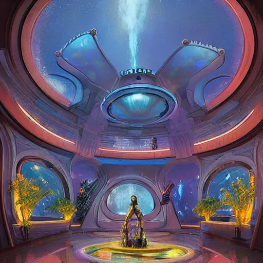 Image similar to fish eye lens a bright minimalist bioluminescent oil painting by donato giancola, warm coloured, cinematic scifi luxurious futuristic foggy steam filled victorian garden mall interior with microscopy radial windows flowers growing out of pretty bulbous ceramic fountains, gigantic pillars and flowers, maschinen krieger, beeple, star trek, star wars, ilm, atmospheric perspective