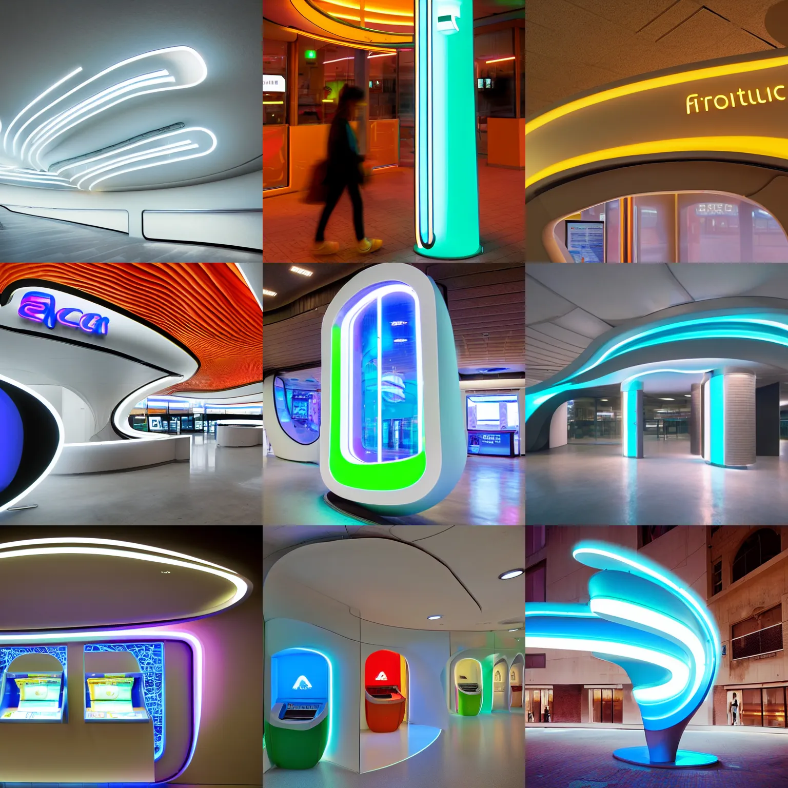 Prompt: a futuristic atm, curved flowing neon, fzd school of design