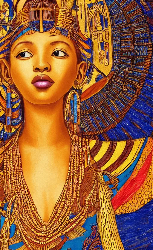 Prompt: mural of a beautiful young african muse, in golden egyptian ornaments, reaching towards the heavens, holy imagery, highly detailed, beautiful colors, renaissance mural, golden ratio, in the style of sandro boticceli