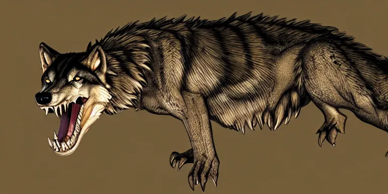 Prompt: chimera made of a wolf and a crocodile, wolf head, awarded on pixiv, ultra realism, fantasy, trending on deviantart, realistic wood swamp, professional photoshop artwork
