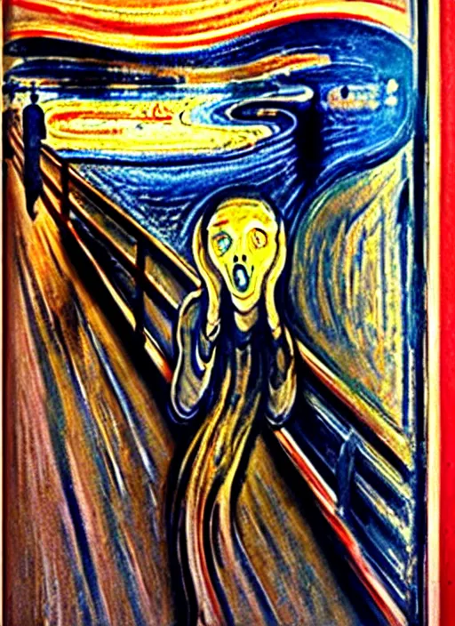 Prompt: oil painting of The Scream taking a seflie with an iPhone by Edvard Munch