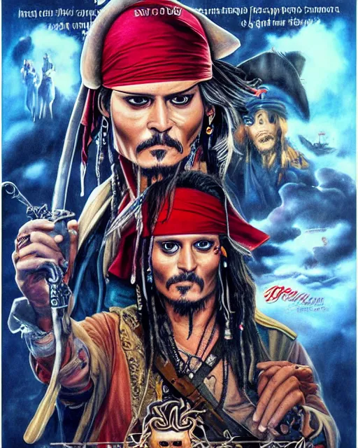 Prompt: < pirates of the prompt >!!!!! film poster featuring johnny depp, airbrush, drew struzan illustration art, key art, movie poster