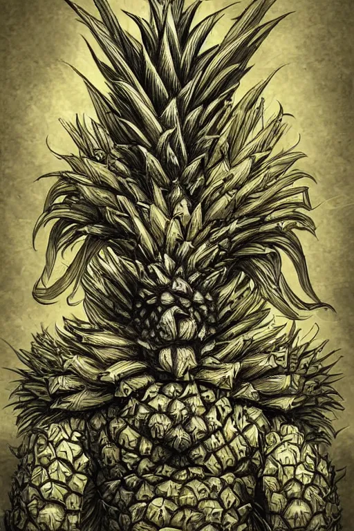 Image similar to pineapple humanoid figure monster wearing pineapple themed armour, symmetrical, highly detailed, digital art, sharp focus, trending on art station, kentaro miura manga art style