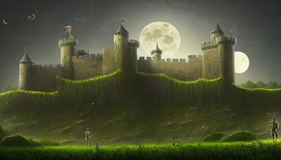 Prompt: a castle with legs walking, vines, forest, hyperrealistic, highly detailed, cinematic, single ray of moon, dark sky, beautiful, cgssociety, artstation, 8 k, oil painting