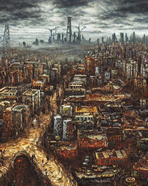 Image similar to oil painting landscape of a zombie apocalypse city, high production value, intricate details, high resolution, hdr, high definition, masterpiece, realistic, ultrarealistic, highly detailed, hd, sharp focus, non blurry, sharp, smooth