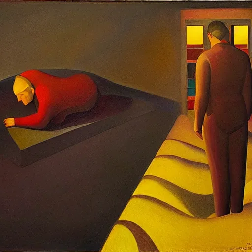 Image similar to journey to the center of the earth, grant wood, pj crook, edward hopper, oil on canvas