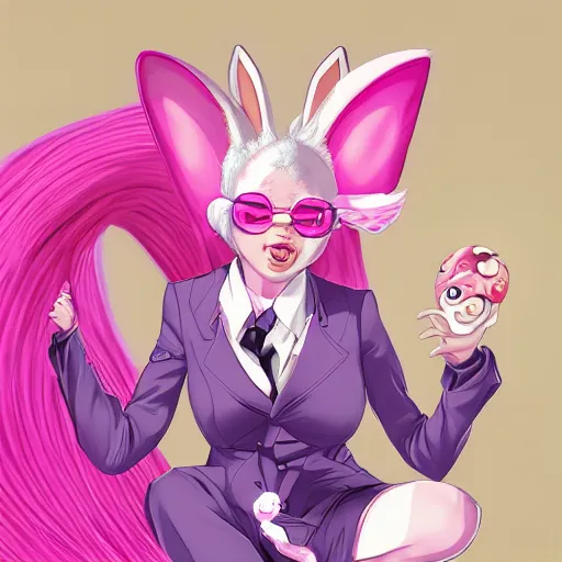 Prompt: portrait of bunnygirl with pink hair, large red eyes, and white rabbit ears wearing a purple suit with a red tie and a pink miniskirt, character design by ross tran, bo chen, rebecca oborn, michael whelan, artstation