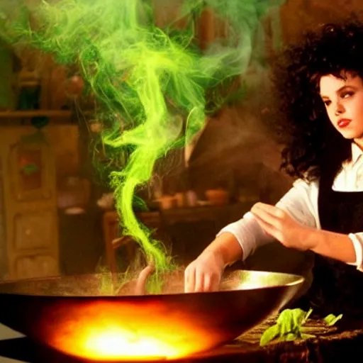 Prompt: teen witch mixing a spell in a cauldron, wispy smoke, studio photography, a black cat, green glowing smoke is coming out of the cauldron, ingredients on the table, apothecary shelves in the background, still from the tv show just add magic