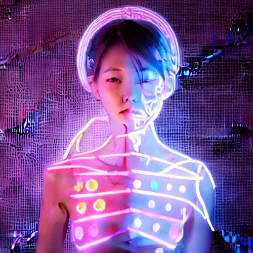 Prompt: beautiful japanese cyborg with led projection skin, neon lighting, portrait photo