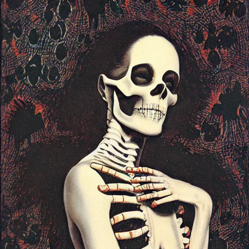 Prompt: portrait painting young woman skeleton, skull, hello kitty, comic book, elegant, highly detailed, painted by maxfield parrish and ditko