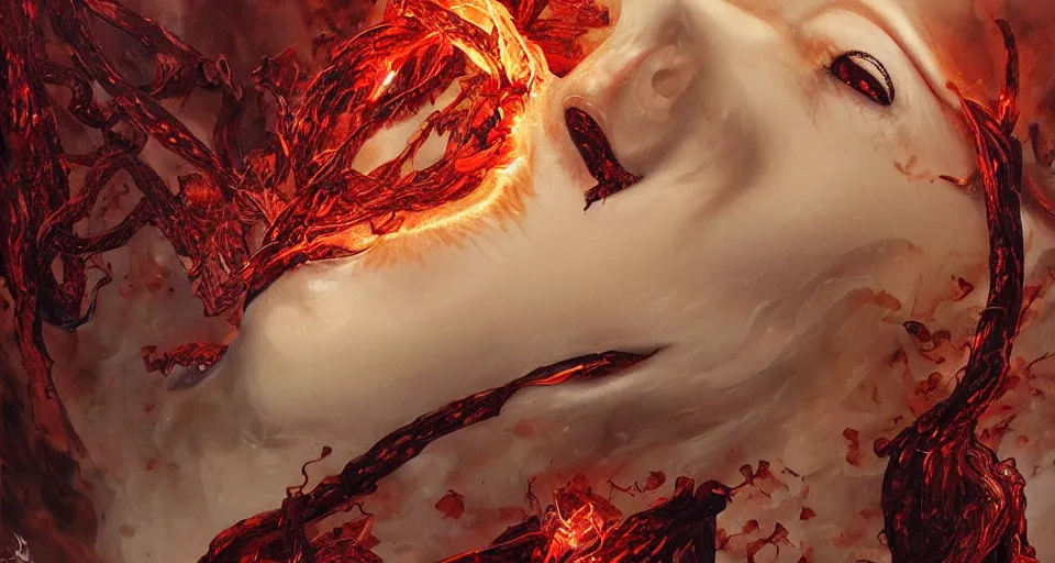 Image similar to a volcano made of ivory vines and crimson rocks enters in eruption, it spits a smoke in the shape of demonic eye, by Karol Bak, by Gainax Co,