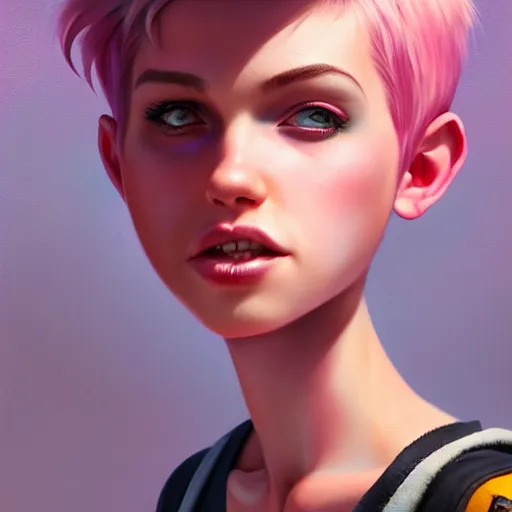 Image similar to full body pose, pixar, beautiful androgynous girl, pink pixie cut hair, torn overalls, short shorts, combat boots, fishnets, beautiful, highly detailed face, true anatomy!, extremely detailed!, digital painting, unreal engine 5, art by tom bagshaw