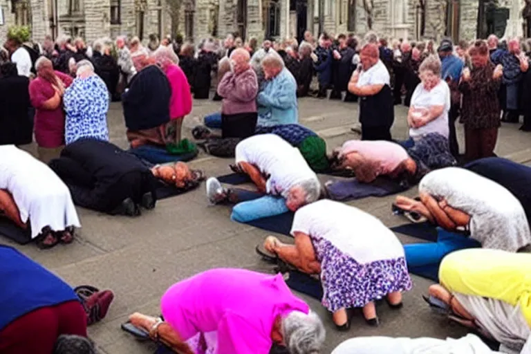 Prompt: people praying for god to resurrect a old lady