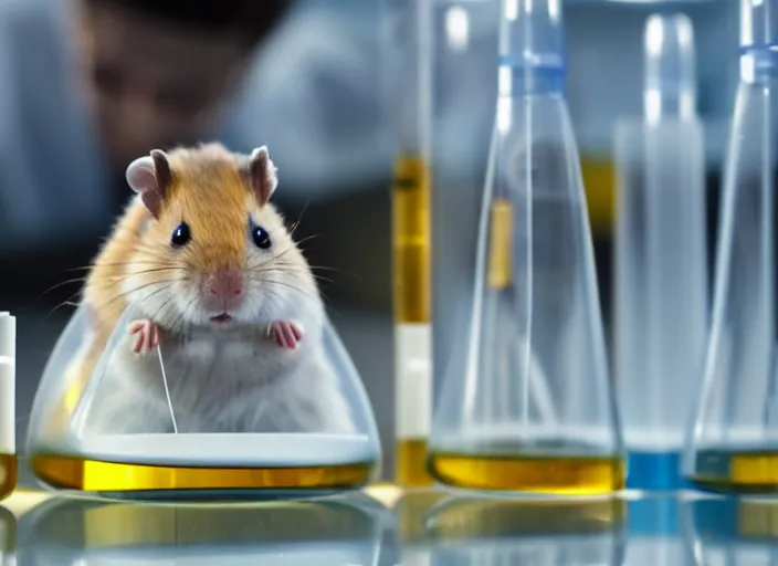 Image similar to film still of a hamster working in a research lab filling test tubes, 8 k