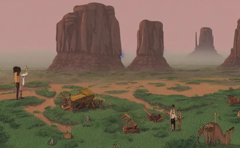 Image similar to a realistic cell - shaded studio ghibli concept art from paprika ( 2 0 0 6 ) of a cubic multi - colored rocketship from close encounters of the third kind ( 1 9 7 7 ) in a flooded monument valley stonehenge jungle jungle on a misty starry night. a camel caravan is in the foreground. very dull colors, portal, hd, 4 k, hq