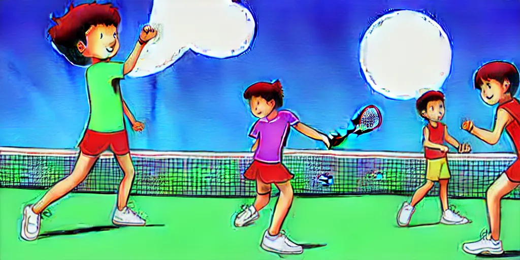 Image similar to comic digital art of kids playing tennis by marvel