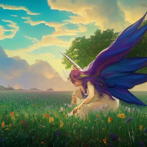 Image similar to a unicorn with wings eating in a field of marijuana, colorful sky, art by artgerm and greg rutkowski and alphonse mucha, concept art, octane render, unreal engine 5, highly detailed, high quality, 8 k, soft lighting, realistic face, path traced