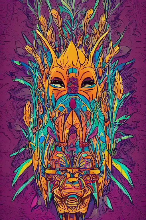 Image similar to animal mask totem roots flower tribal feather gemstone plant wood rock shaman vodoo video game vector cutout illustration vivid multicolor borderlands comics by josan gonzales and dan mumford radiating a glowing aura