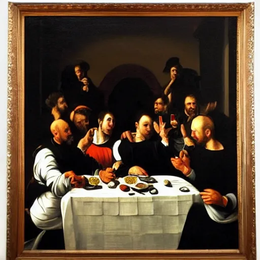 Image similar to painting of Leaders of the world having supper together, style of Caravaggio