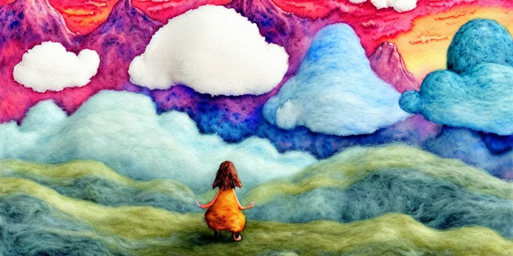 Image similar to A watercolor art of Mumintroll character in shape of wool felting amazing clouds, illustration by Irena Žviliuvienė, book cover, colorful background with mountains, 4k resolution, ultra detailed, matte painting, tarot card style, character design