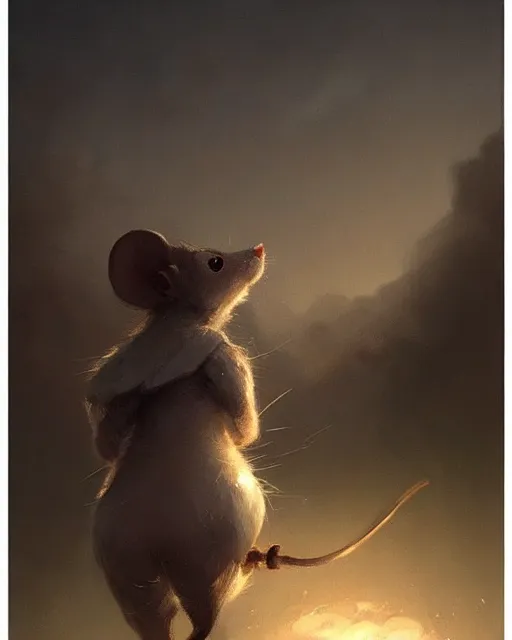 Image similar to viewed from behind, over the shoulder, a cute mouse looks upwards, viewed from behind, digital portrait by greg rutkowski, fantasy art, concept art, by disney concept artists, cinematic lighting, evening light, trending on artstation, cgsociety