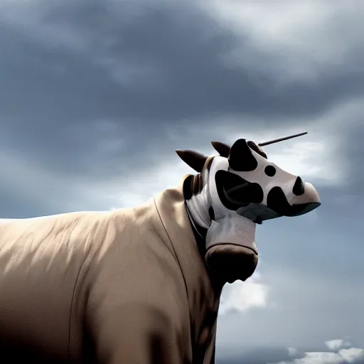 Image similar to a highly detailed ultra realistic photograph of a cow dressed in a fighter jet jumpsuit and mask