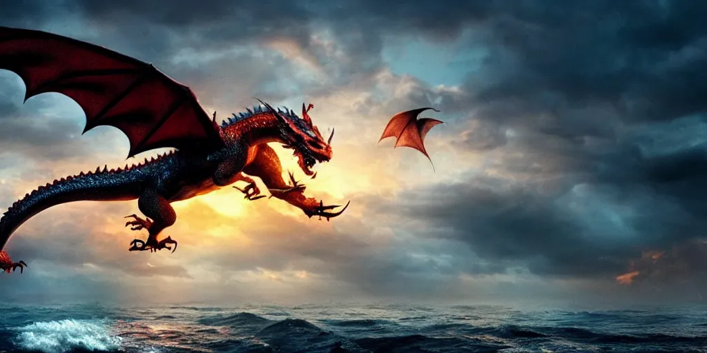 Prompt: a dragon flying from the sea to the depths of the universe, hdr, glow, sunset, zack snyder cinematography style, cinematic, cinema lighting, highly detailed, ultra realistic, cinematic lighting