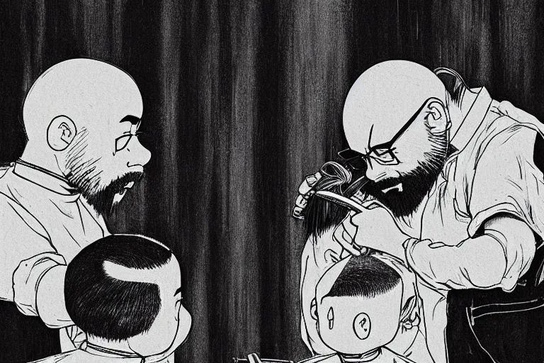 Image similar to a barber struggles to cut the hair of conjoined twins, by miyazaki and amano and murakami, trending on artstation