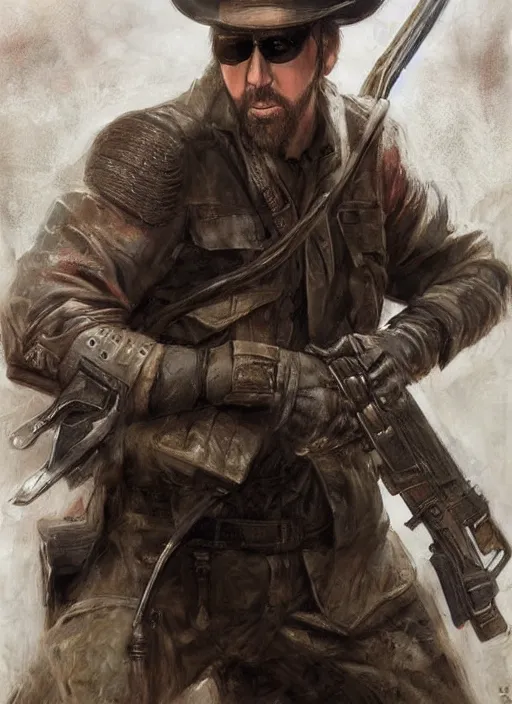 Prompt: nicholas cage as a ranger with a rifle painted by raymond swanland