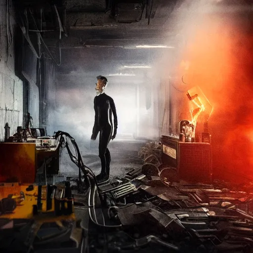 Image similar to augmented human repairing old yellow casette deck, dark messy smoke - filled cluttered workshop, sparks, dark, dramatic lighting, orange tint, cinematic, highly detailed, sci - fi, futuristic, movie still from blade runner