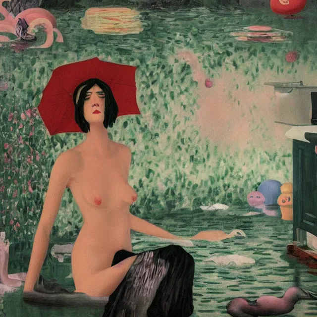 Image similar to tall female emo artist in her flooded bath, water gushing from ceiling, painting of flood waters inside an artist's bathroom, a river flooding indoors, pomegranates, pigs, ikebana, zen, water, octopus, river, rapids, waterfall, black swans, canoe, berries, acrylic on canvas, surrealist, by magritte and monet