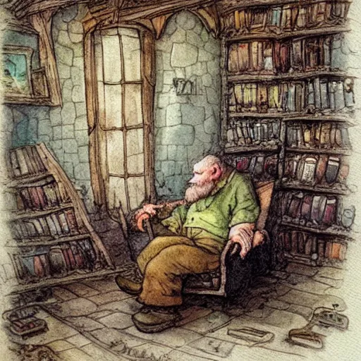 Image similar to whimsical fantastical a muted color watercolor sketch of a old man sitting in big chair next of a fireplace in his whimsical fantastical hobbit house living room surrounded by stacks of books from a whimsical fantastical story book character ifrom the book Baltimore & Redingote by Jean-Baptiste Monge of an old man in the style of by Jean-Baptiste Monge that looks like its by Jean-Baptiste Monge and refencing Jean-Baptiste Monge