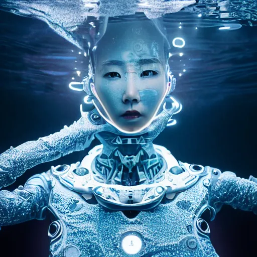 Image similar to beautiful centered fine art photo portrait of hoyeon jung as a solarpunk robotic humanoid treading on water, white mechanical parts with led lights, ultra - detailed and intricate, sun lighting, soft focus, slow exposure hdr 8 k