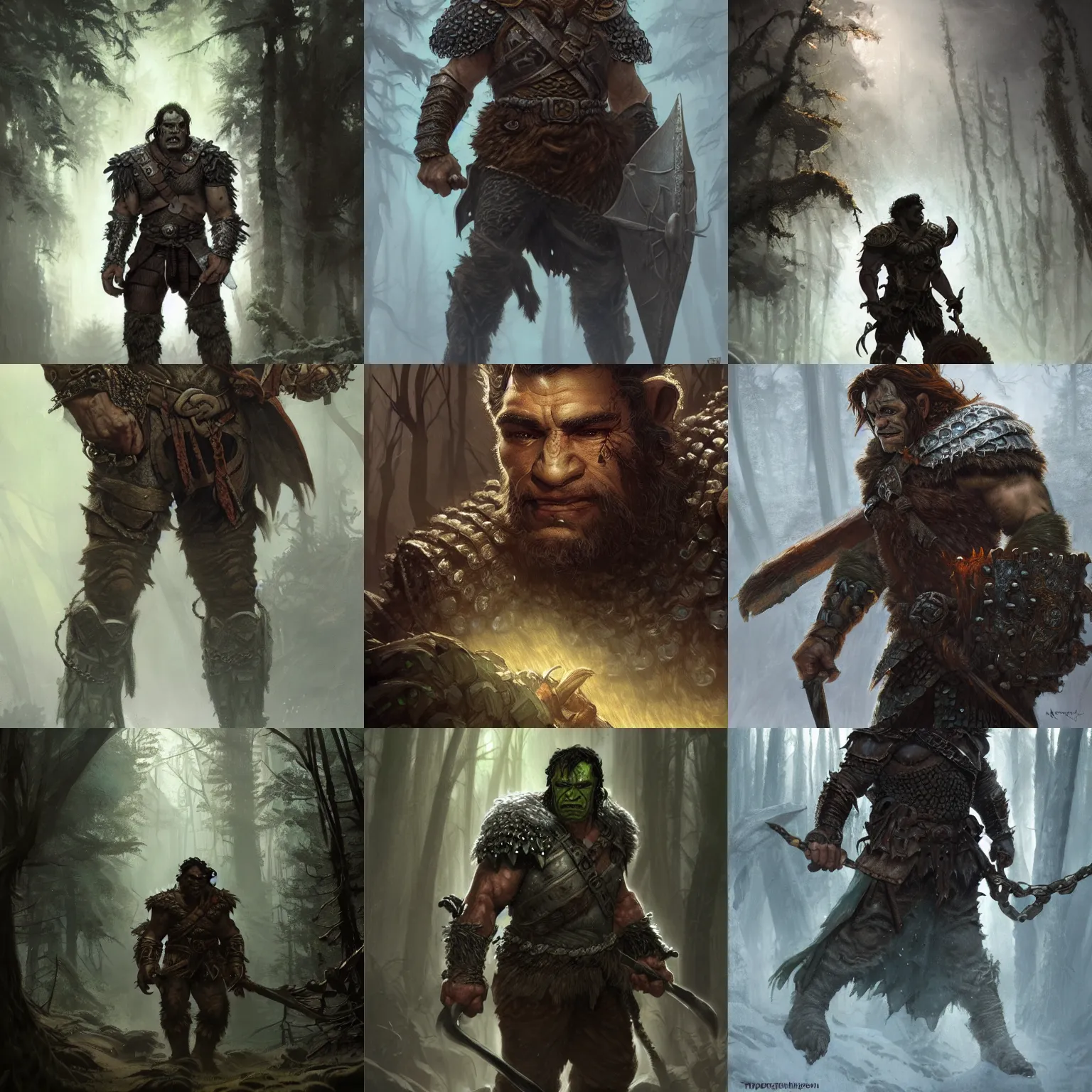 Prompt: a ruggedly handsome half - orc fighter with short brown hair wearing chain mail armor exploring a dark forest, fantasy, highly detailed, digital painting, artstation, concept art, character art, art by greg rutkowski and tyler jacobson and alphonse mucha