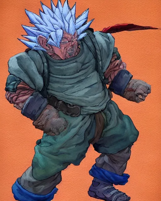 Image similar to a oil / watercolor painting full body character portrait of an old homeless saiyan mercenary in the style of moebius in the style of leonard boyarsky trending on artstation deviantart pinterest detailed photorealistic highlights and shadow hd 8 k post - processing high resolution