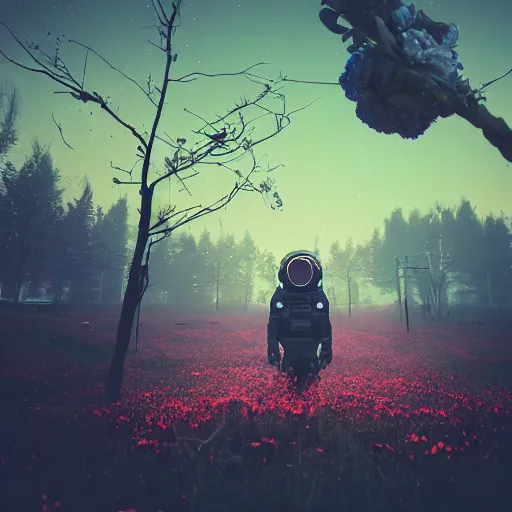 Prompt: beautiful dark landscape, astronaut skull head, beautiful flowers growing, in the style of beeple and mike winkelmann, intricate, epic lighting, cinematic composition, hyper realistic, 8 k resolution, unreal engine 5, raytracing, reflections, ultraviolet colors,