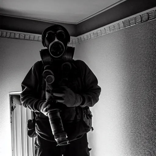 Image similar to A misterious man wearing a gas mask is standing on the midle of a stair hallway looking in the direction of the camera, the man is using a turned on flashlight to look for survivors :: Ruined city with vegetation and trees growing all over the place in the distroyed buildings :: apocalyptic, shadowy, disolate :: A long shot, low angle, dramatic backlighting, simetric photography, night time, slighty colorful :: cinematic shot, very detailed