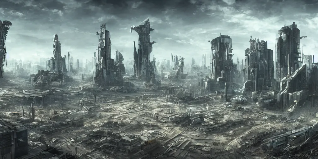 Image similar to futuristic post apocalyptic city, dystopia, 4 k