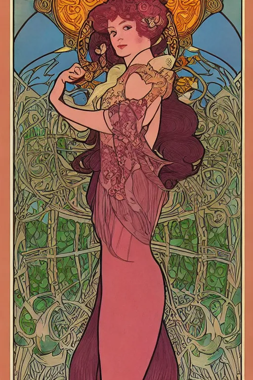 Image similar to full length painting of princess - peach!!!!!!! art nouveau, tarot card by mucha, gaudy colors, sharp edges, intricate line - work.