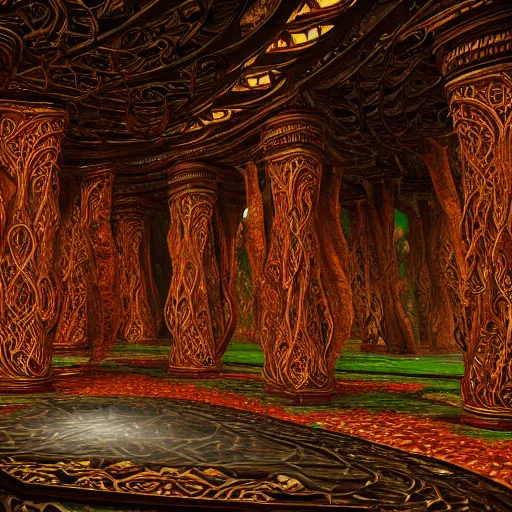 Image similar to Photorealistic magic elven temple made of intricately woven birch woodwork. Hyperdetailed photorealism, 108 megapixels, amazing depth, glowing rich colors, powerful imagery, psychedelic Overtones, 3D finalrender, 3d shading, cinematic lighting, artstation concept art