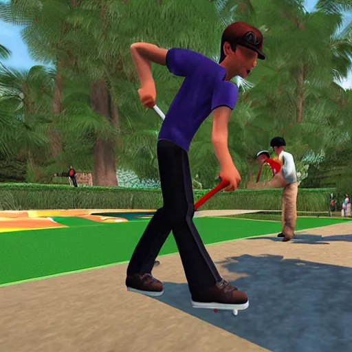 Prompt: tony hawk's pro croquet for playstation 2, detailed video game screenshot