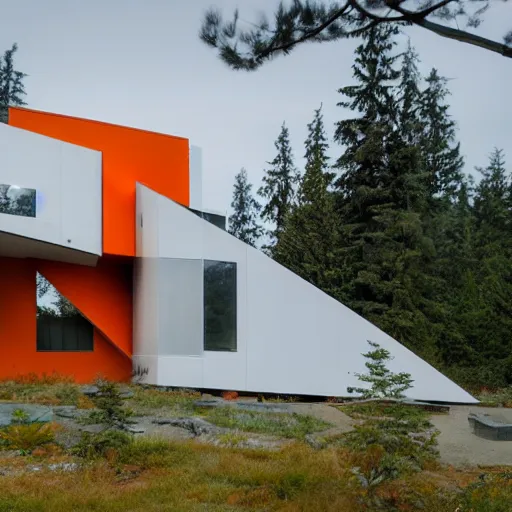 Prompt: large futuristic residence, cascadian, white and gray concrete, many large windows, triangular elements, orange metal