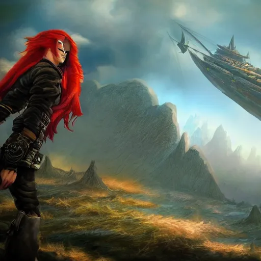 Image similar to sky-pirate with long red hair standing in front of an airship, realistic, ultra detailed, menacing, powerful, dark, shallow focus, forest, mountains in the background concept art design as if designed by Wētā Workshop